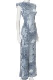 Blue Street Print Patchwork O Neck Long Dresses