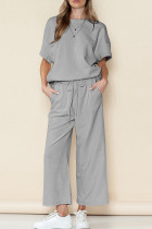 Grey Casual Solid Color Draw String Pocket Patchwork O Neck Half Sleeve Two Pieces