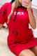 Red Street Print Pocket Patchwork V Neck Wrapped Skirt Dresses