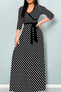 Black And White Casual Print Patchwork Strap Design V Neck Long Dresses