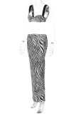 Zebra Sexy Casual Zebra Print Backless Belted Spaghetti Strap Sleeveless Two Pieces