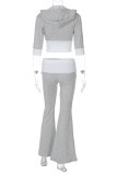 Light Gray Casual Patchwork Contrast Hooded Half Sleeve Two Pieces