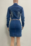 Blue Street Letters Pocket Buckle Patchwork Turndown Collar Long Sleeve Two Pieces