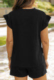 Black Casual Solid Color Draw String Pocket Patchwork O Neck Short Sleeve Two Pieces