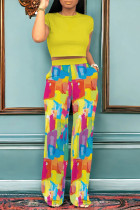 Yellow Casual Geometric Print Pocket Contrast O Neck Short Sleeve Two Pieces