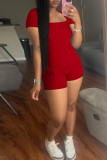 Red Sexy Solid Color Patchwork Square Neck Skinny Rompers