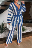 Blue Casual Stripe Patchwork Contrast Turndown Collar Long Sleeve Two Pieces
