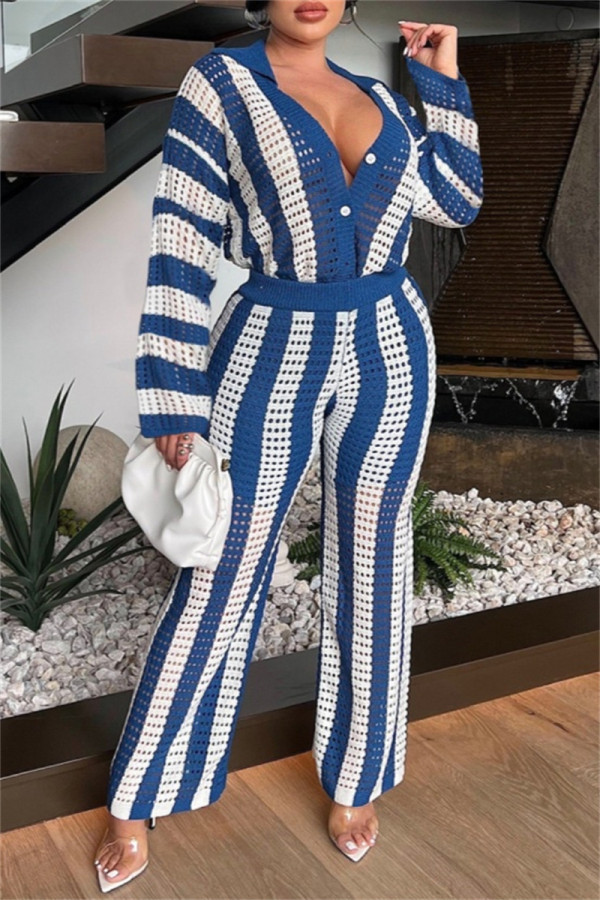 Blue Casual Stripe Patchwork Contrast Turndown Collar Long Sleeve Two Pieces
