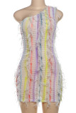 Colour Sexy Fringed Trim Patchwork Backless Oblique Collar Wrapped Skirt Dresses
