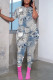 Grey Casual Print Basic O Neck Short Sleeve Two Pieces