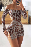 Leopard Print Sexy Print Backless O Neck Long Sleeve Dresses