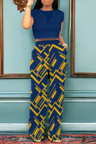Blue Casual Geometric Print Pocket Contrast O Neck Short Sleeve Two Pieces
