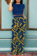 Blue Casual Geometric Print Pocket Contrast O Neck Short Sleeve Two Pieces