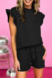 Black Casual Solid Color Draw String Pocket Patchwork O Neck Short Sleeve Two Pieces