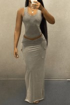 Grey Casual Solid Color Basic U Neck Sleeveless Two Pieces