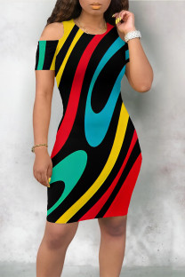 Multicolor Casual Geometric Print Contrast O Neck Printed Dresses