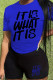 Blue Casual Letter Print Basic O Neck Short Sleeve Two Pieces