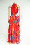 Red Celebrities Print Patchwork Half A Turtleneck Sleeveless Two Pieces