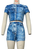 Blue Sexy Print Patchwork O Neck Short Sleeve Two Pieces