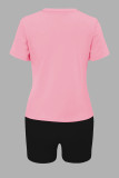Red Casual Letter Print Basic O Neck Short Sleeve Two Pieces