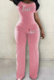 Pink Casual Letters Patchwork U Neck Short Sleeve Two Pieces