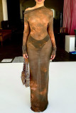 Brown Celebrities Print Patchwork See-Through Off Shoulder Long Dresses