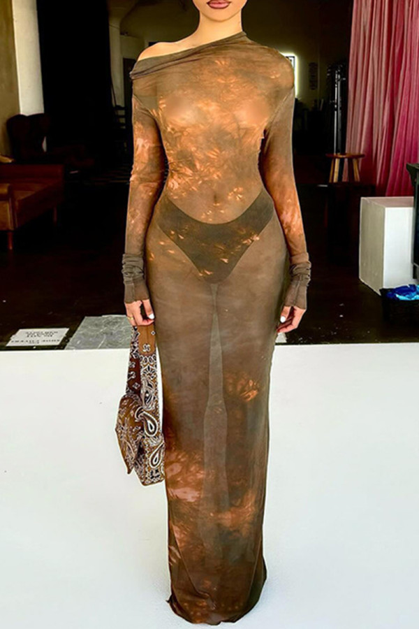 Brown Celebrities Print Patchwork See-Through Off Shoulder Long Dresses