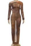 Brown Celebrities Print Patchwork See-Through Off Shoulder Long Dresses