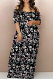 Black Casual Print Patchwork Backless Off Shoulder Long Dresses