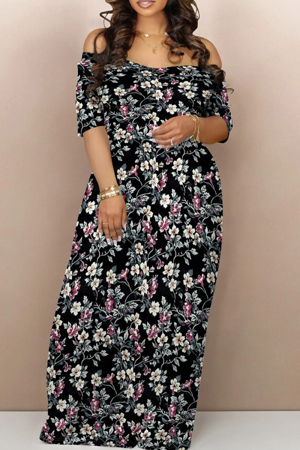Black Casual Print Patchwork Backless Off Shoulder Long Dresses
