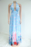 Blue Celebrities Print Patchwork Backless Strap Design Halter Evening Dresses