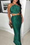 White Celebrities Solid Color Hollow Out Patchwork Backless Ruched Halter Long Dresses