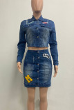 Blue Street Letters Pocket Buckle Patchwork Turndown Collar Long Sleeve Two Pieces