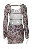 Leopard Print Sexy Print Backless O Neck Long Sleeve Dresses