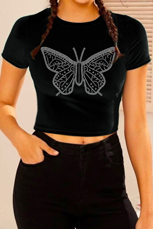 Black Casual Butterfly Patchwork O Neck T-Shirts