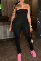 Black Sexy Casual Solid Color Backless Strapless Skinny Jumpsuits