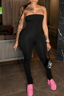 Black Sexy Casual Solid Color Backless Strapless Skinny Jumpsuits