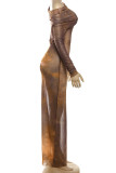 Brown Celebrities Print Patchwork See-Through Off Shoulder Long Dresses