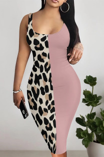 Pink Sexy Gradient Print Leopard Print Contrast U Neck Printed Dresses