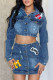 Blue Street Letters Pocket Buckle Patchwork Turndown Collar Long Sleeve Two Pieces