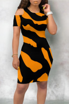 Black Yellow Casual Geometric Print Contrast O Neck Printed Dresses