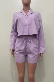 Purple Casual Solid Color Buckle Patchwork Turndown Collar Long Sleeve Two Pieces