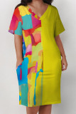 Light Purple Casual Gradient Print Letter Print Pocket Contrast V Neck Printed Plus Size Dresses