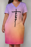 Light Purple Casual Gradient Print Letter Print Pocket Contrast V Neck Printed Plus Size Dresses