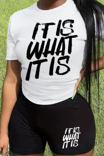 White Casual Letter Print Basic O Neck Short Sleeve Two Pieces