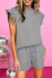Black Casual Solid Color Draw String Pocket Patchwork O Neck Short Sleeve Two Pieces