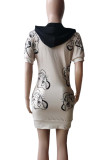 Red Street Print Pocket Patchwork V Neck Wrapped Skirt Dresses