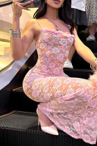 Pink Sexy Lace Patchwork See-Through Backless Spaghetti Strap Sling Dresses