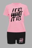 Red Casual Letter Print Basic O Neck Short Sleeve Two Pieces