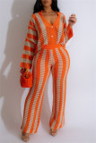 Blue Casual Stripe Patchwork Contrast Turndown Collar Long Sleeve Two Pieces